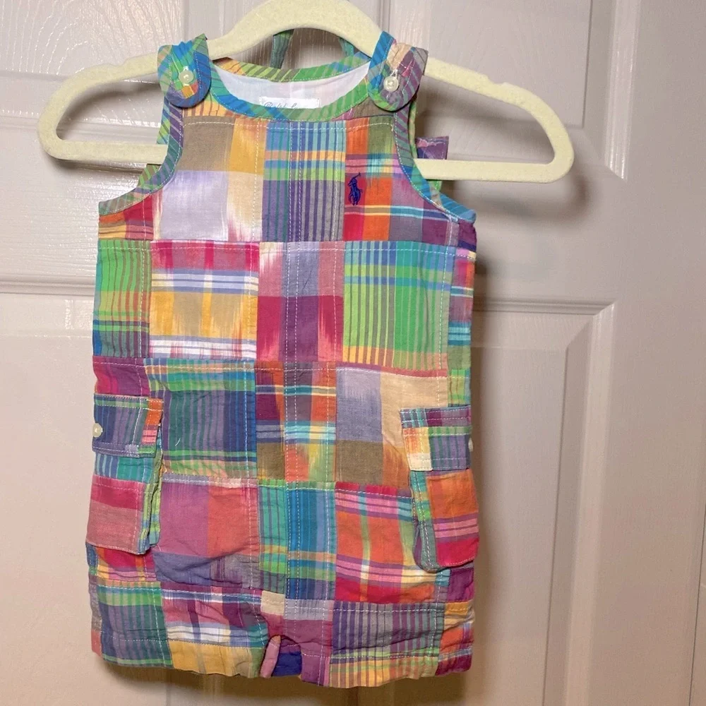 NWT Polo Ralph‎ Lauren Baby Boy Madras Patchwork Romper with Matching Hat Preppy